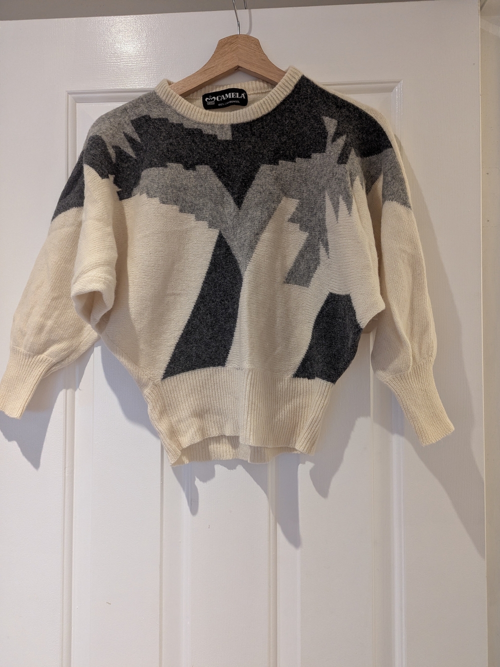 Vintage Camela 100% Lambswool Sweater Cream Abstract Knit 80s Avant Garde S/M